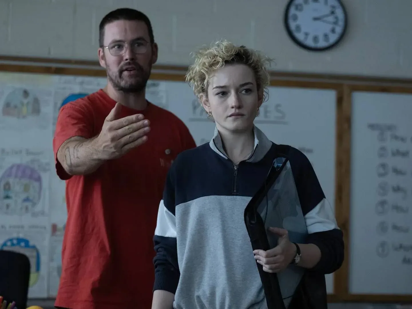 Zach Cregger and Julia Garner on the set of Weapons