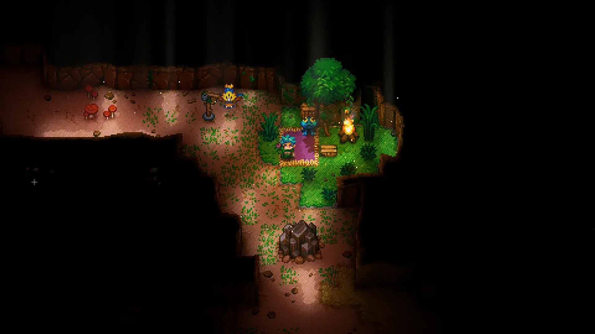 Core Keeper Hookshot traversal across a chasm in the Forgotten Ruins