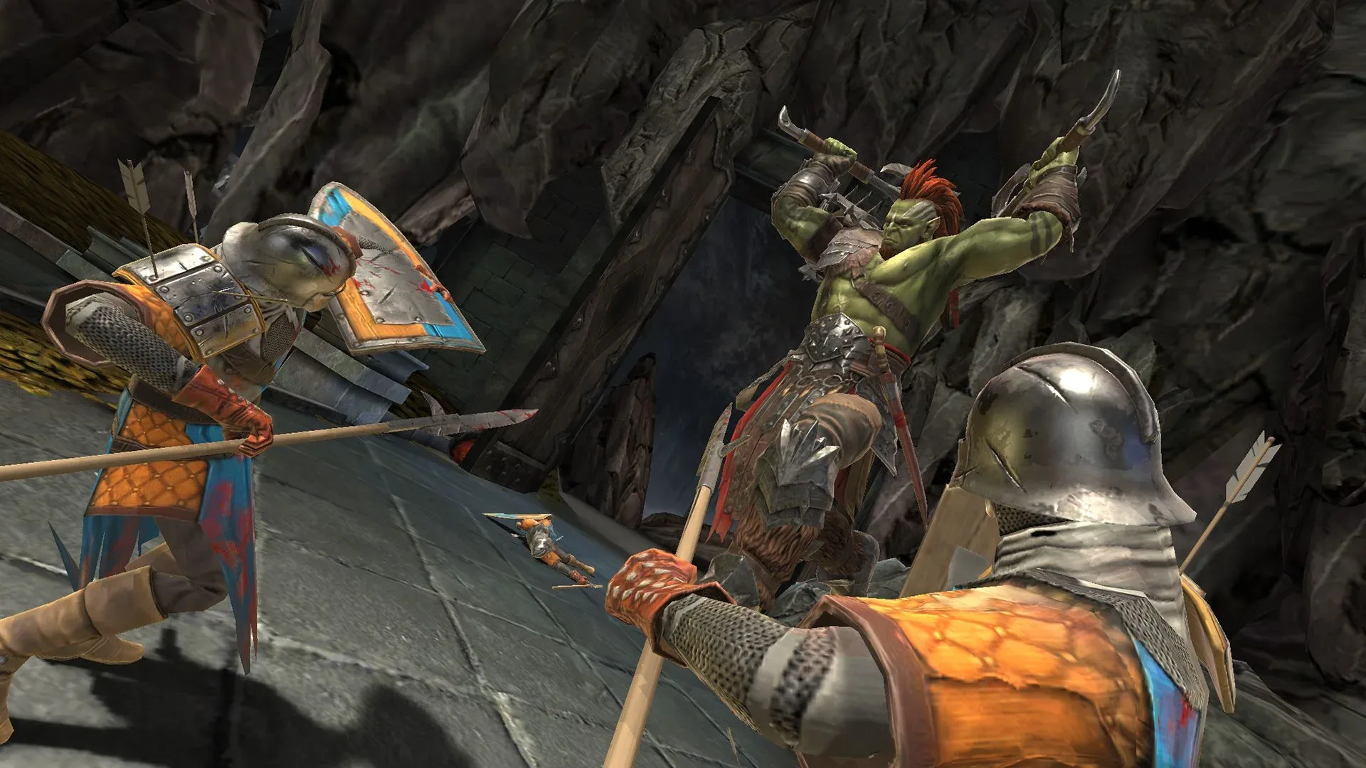 A Raid Shadow Legends cinematic showing an Orc Champion fighting two enemies