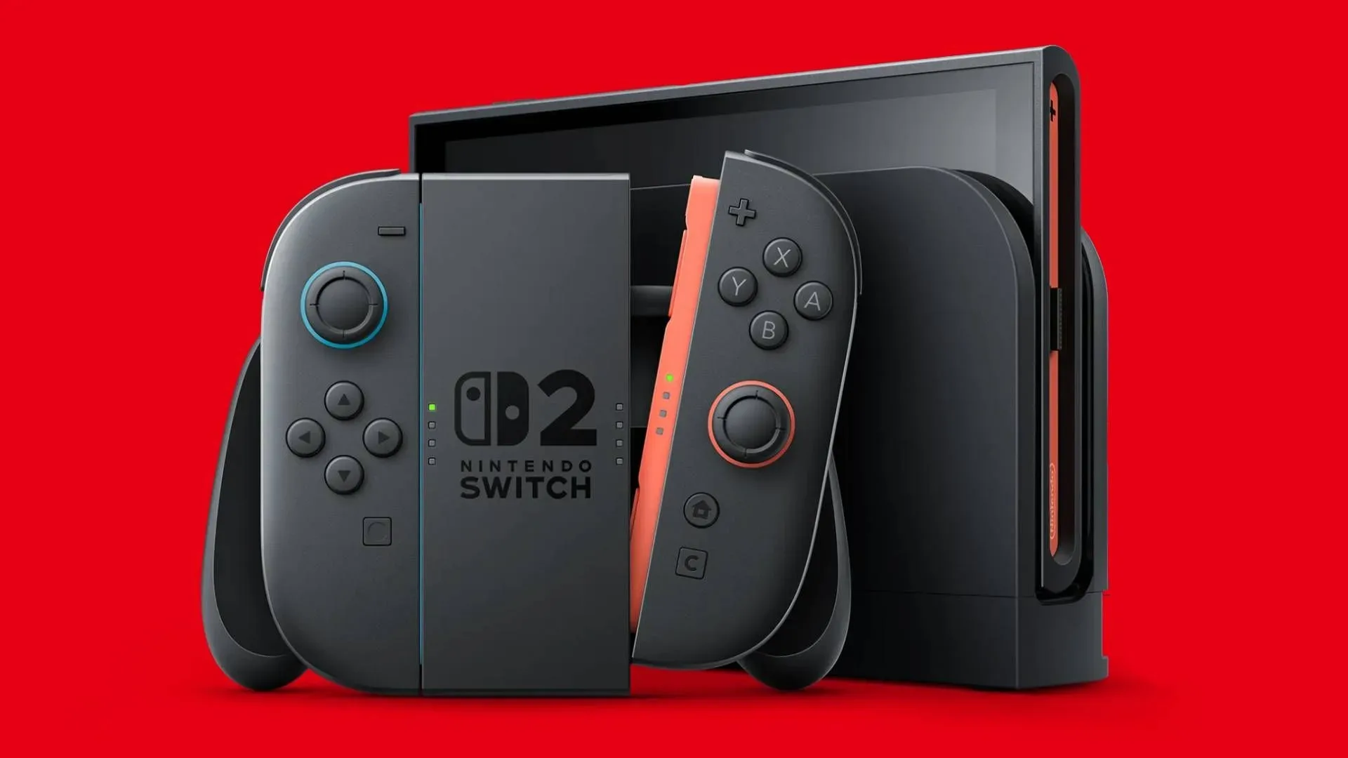 Nintendo Switch 2 in dock next to JoyCon controller grip and red backdrop