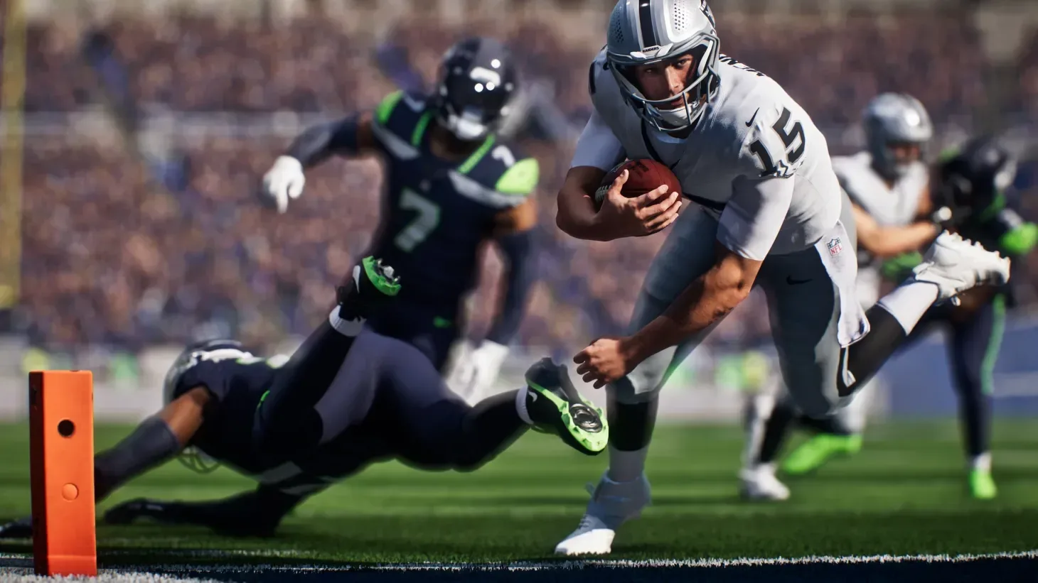 Madden NFL 27 quarterback releases a pass under pressure