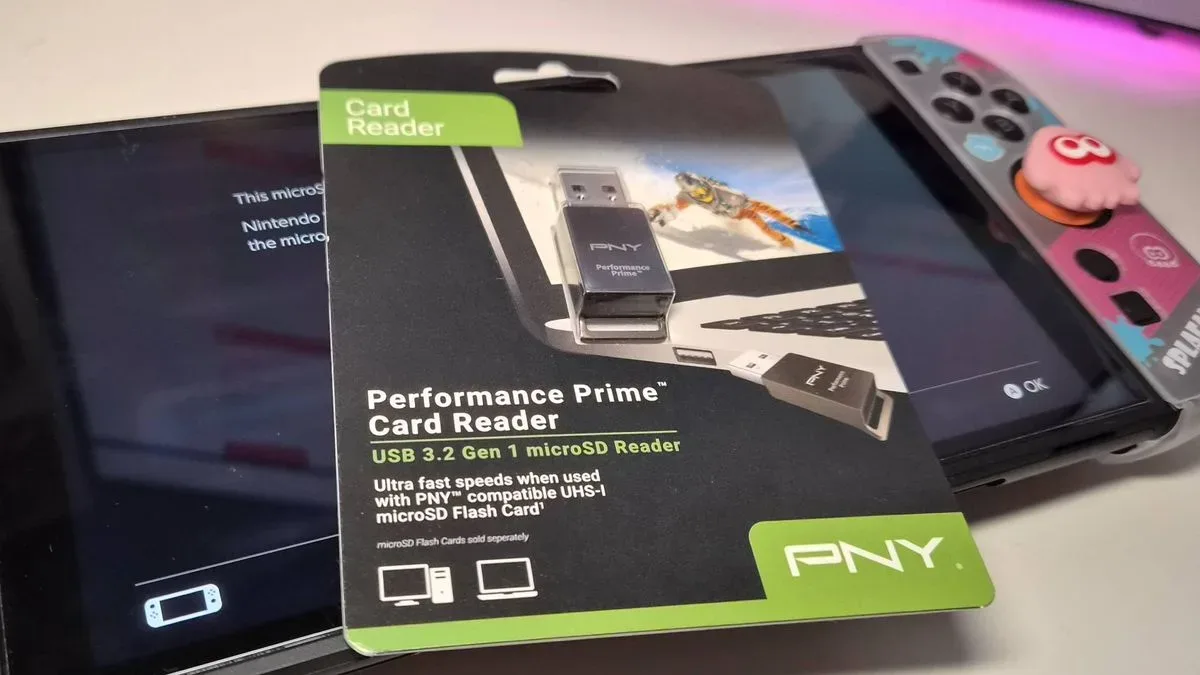 Photo of the PNY Performance Prime Card Reader sitting on a Nintendo Switch 2.