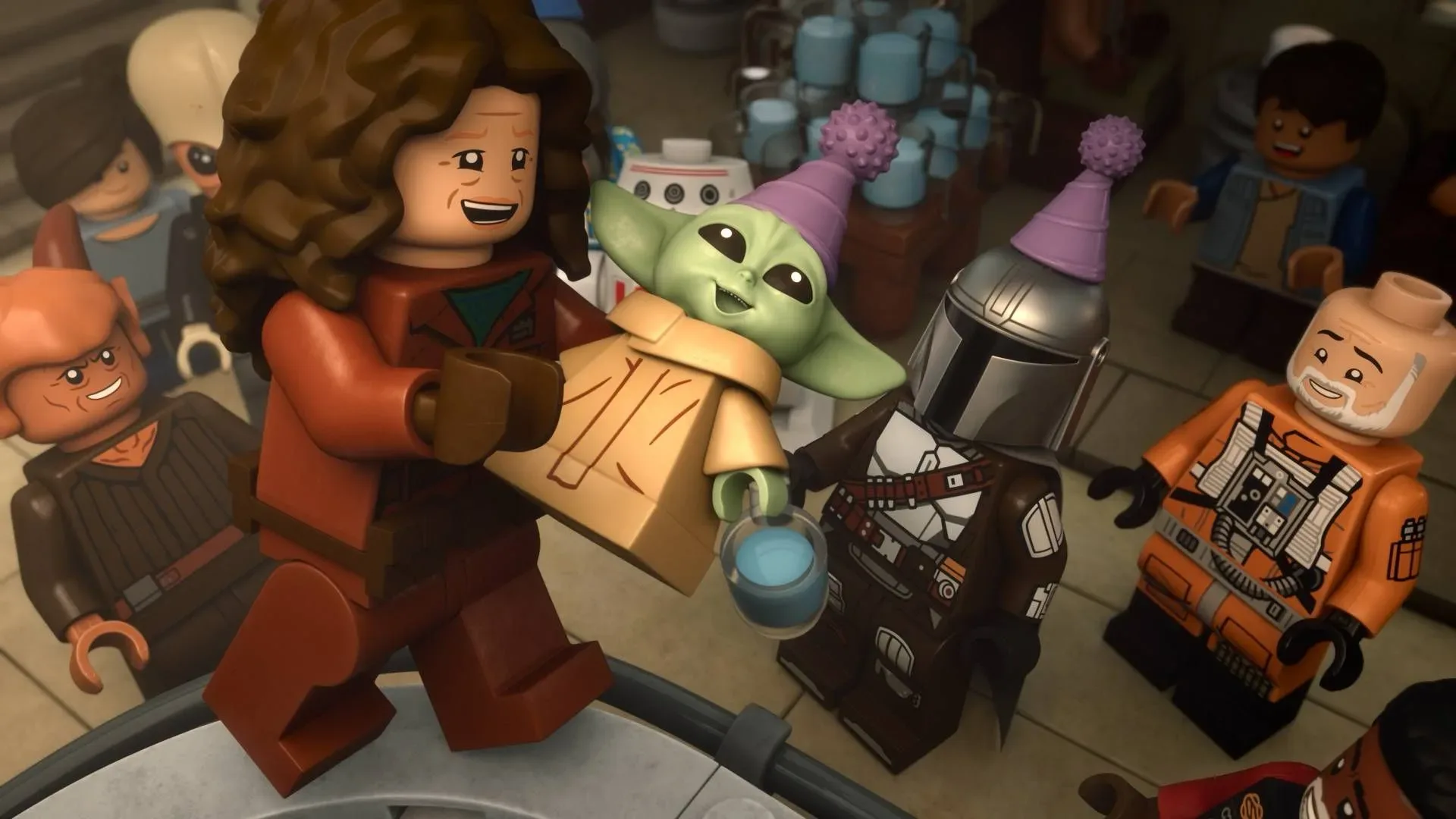 Din Djarin and Grogu wearing party hats in LEGO Star Wars: The Mandalorian