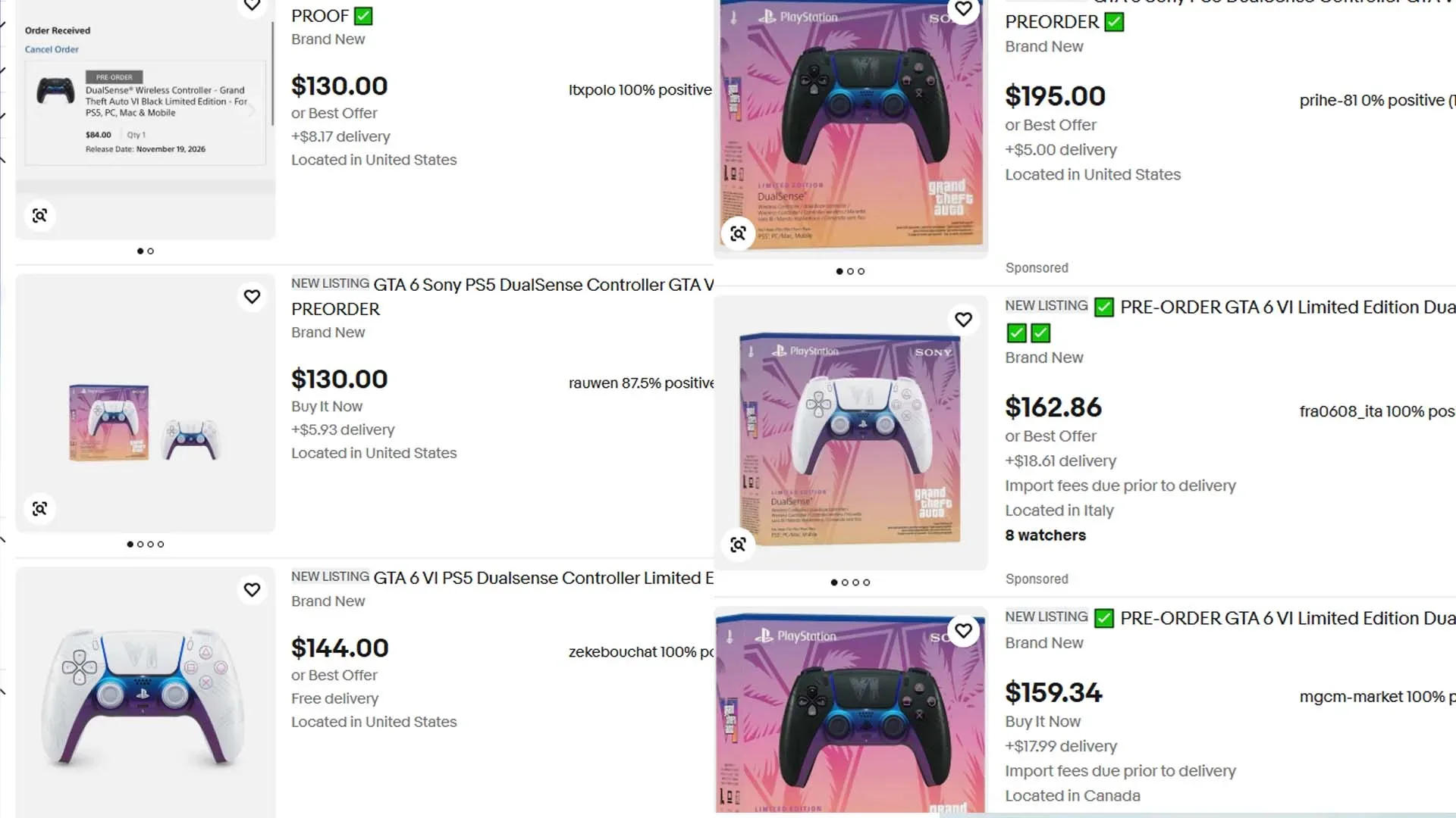 Black and white GTA 6-themed PS5 DualSense controllers with Vice City-inspired pink design details