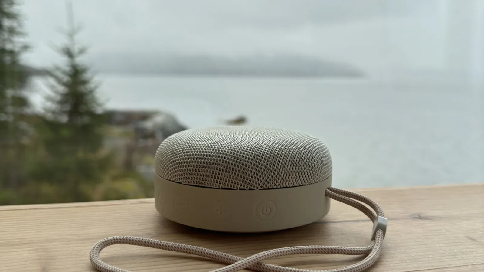 Portable Bluetooth speaker beside a pool with an IP67 waterproof rating label