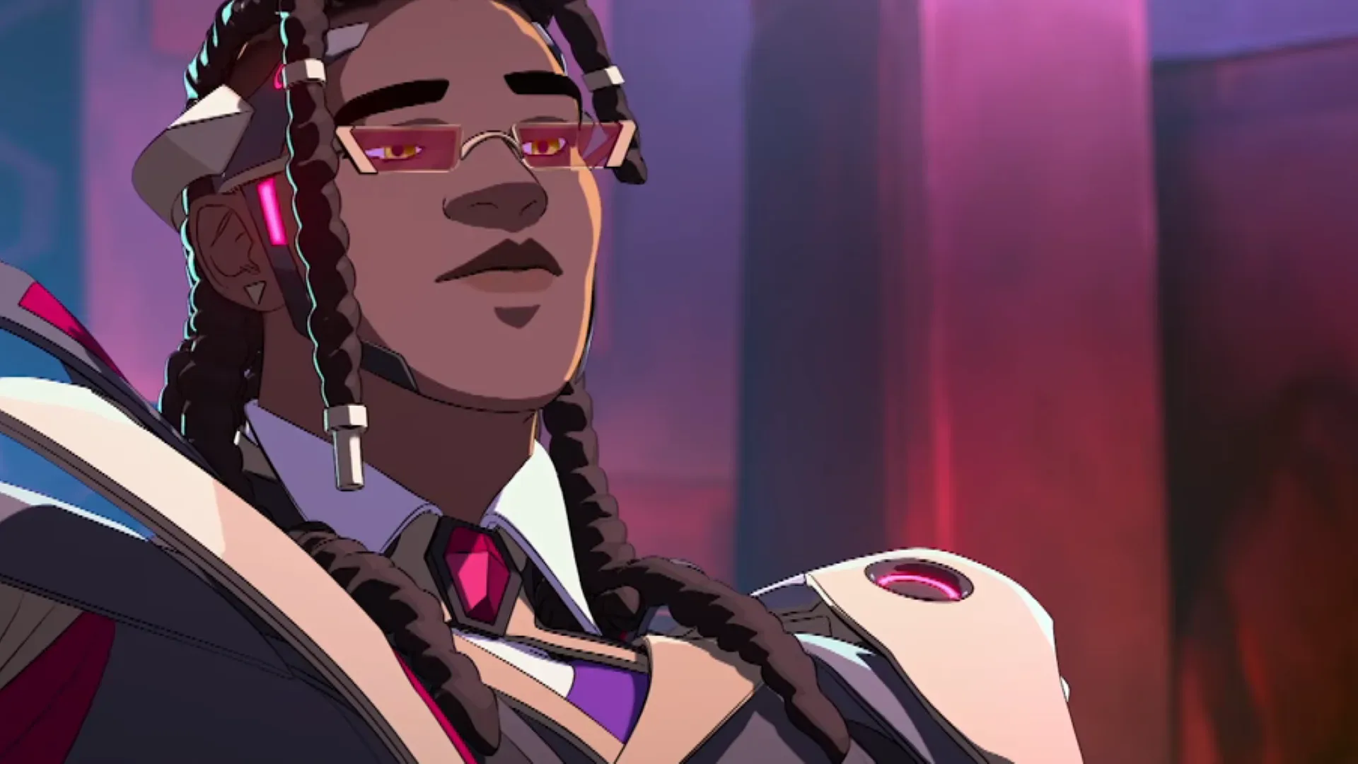 Screenshot from an Overwatch trailer, showing Doctrine, a slick vampire with red glasses and an armored suit.