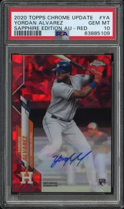 Yordan Alvarez 2020 Topps Chrome Update Sapphire Edition Red Refractor Autograph numbered 2 of 5 in PSA GEM MT 10 holder