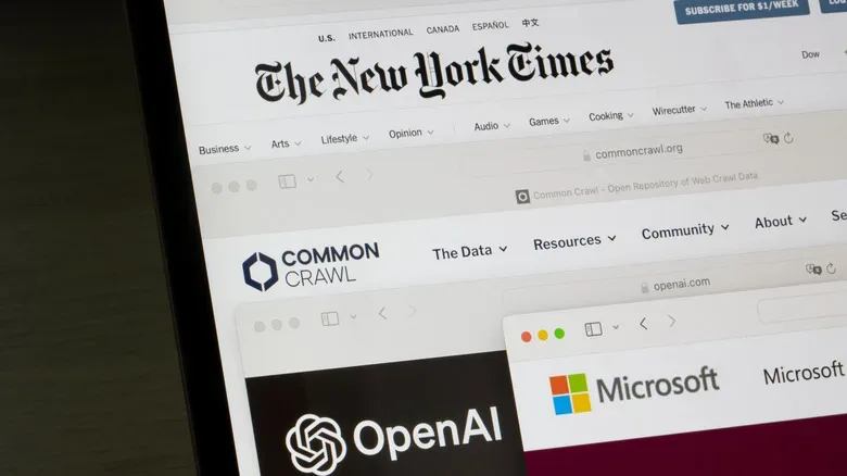 Microsoft and OpenAI copyright dispute concept with newspaper text and AI interface