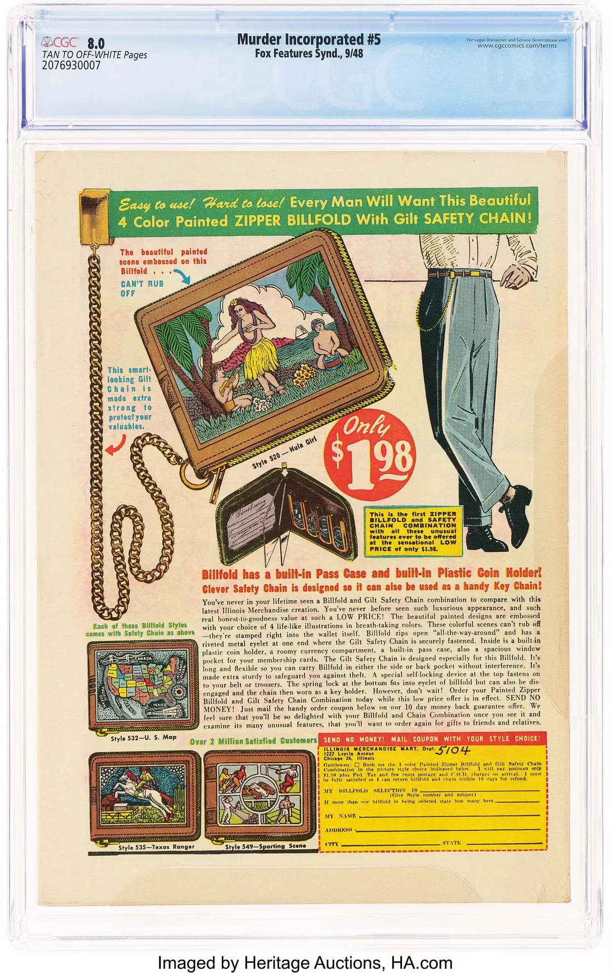 Murder Incorporated #5 (Fox, 1948) back cover. An Illinois Merchandise Mart advertisement offers a painted zipper billfold with a safety chain, showing several decorative designs.