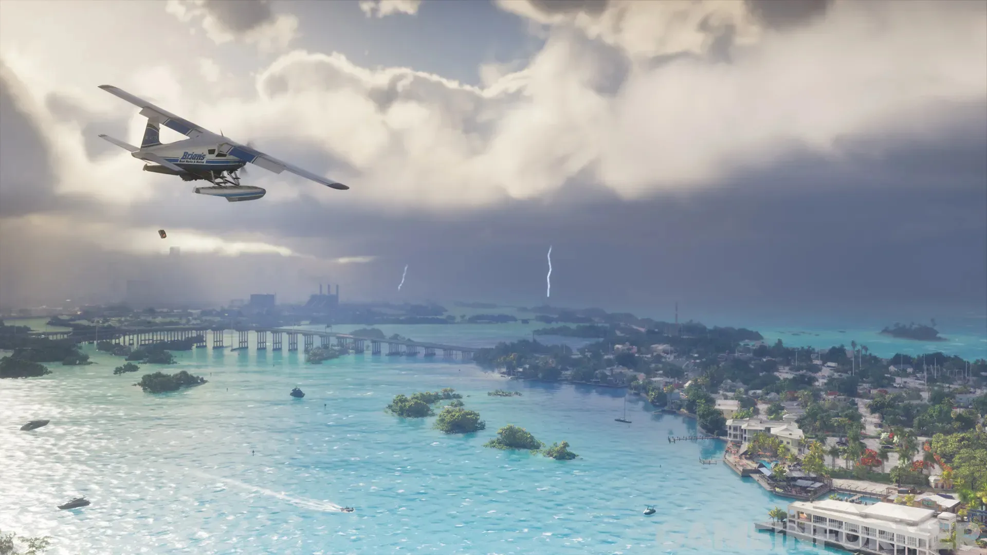 A stormy GTA 6 Leonida skyline with heavy clouds and rainfall