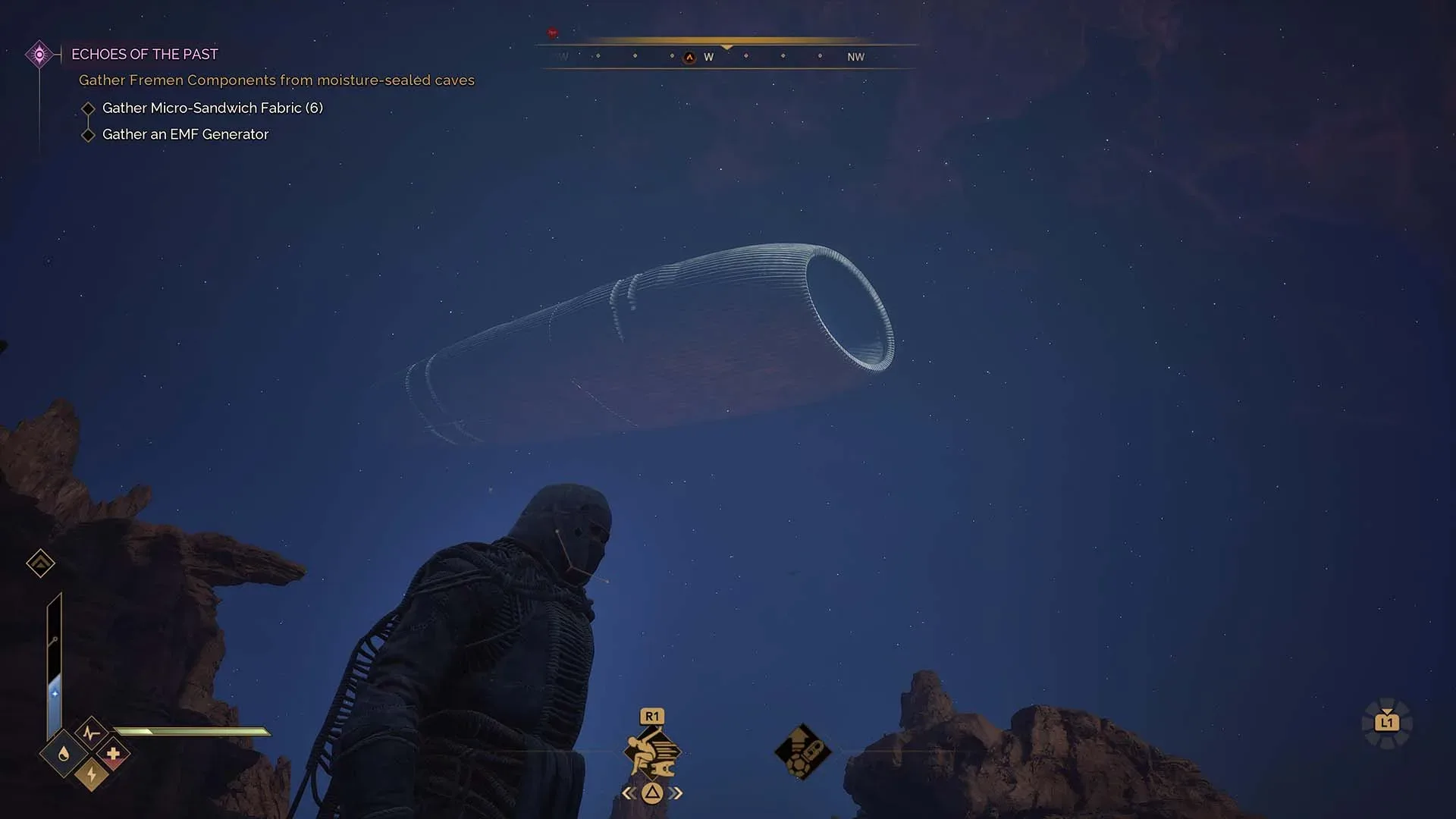 A player traverses the dangerous desert landscape of Arrakis in Dune: Awakening