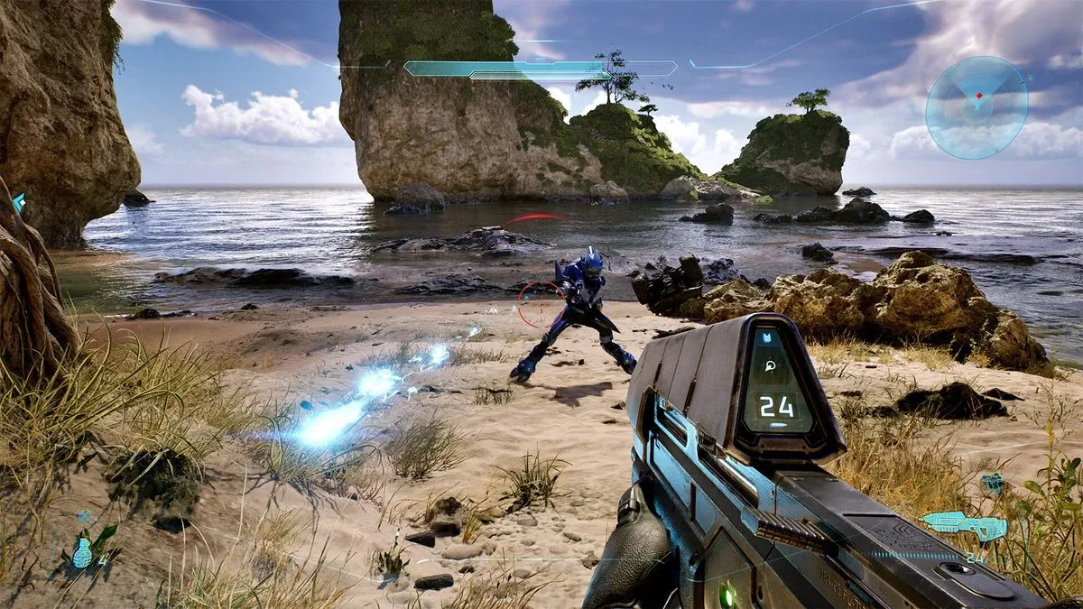 In Halo: Campaign Evolved, the player fires at an armored enemy on a beachfront from a first-person perspective