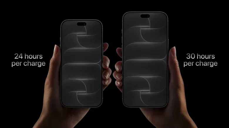 Left: A hand holding the iPhone 18 Pro, with text "24 hours per charge." Right: A hand holding the iPhone 18 Pro Max, with text "30 hours per charge".