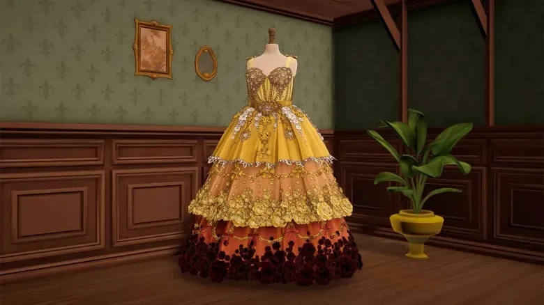 A finished gold dress in Dressmaker.
