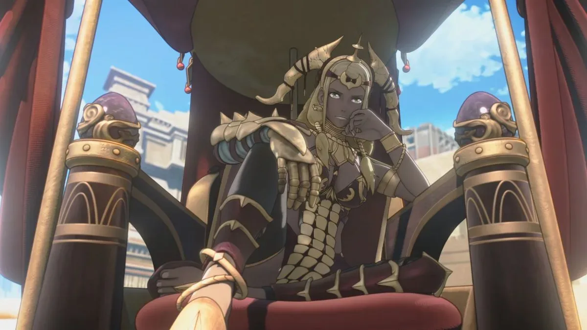 Theodora lounges in a chair in Fire Emblem: Fortune's Weave