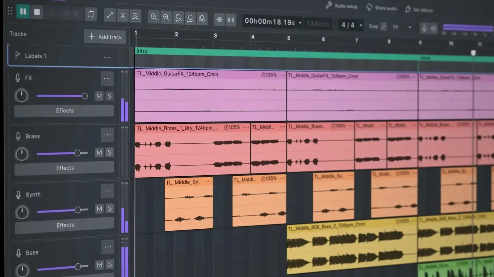 Audacity 4.0 timeline shown in its optional dark interface
