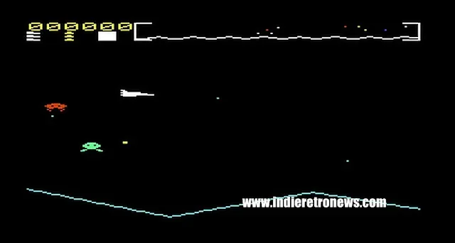 A Commodore VIC-20 displaying an arcade-style Stargate homebrew game