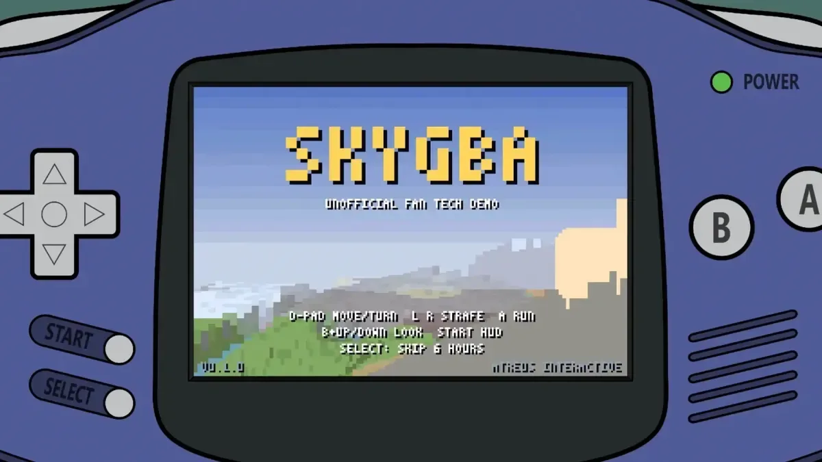 SkyGBA tech demo showing a Skyrim-inspired exploration area on Game Boy Advance