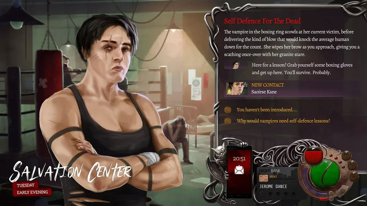 Saoirse, a buff vampire, crosses her arms as she talks with the player in Nighthawks in front of a boxing ring, which is part of Old Town's Salvation Center