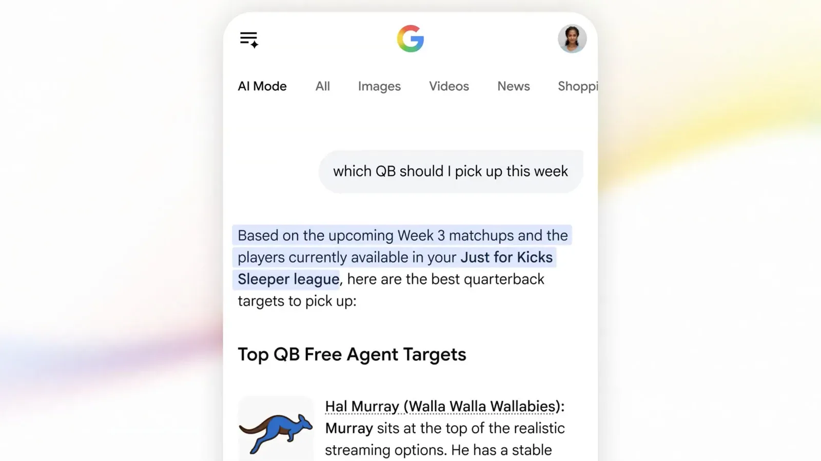 Google Search on a mobile phone showing fantasy football roster recommendations