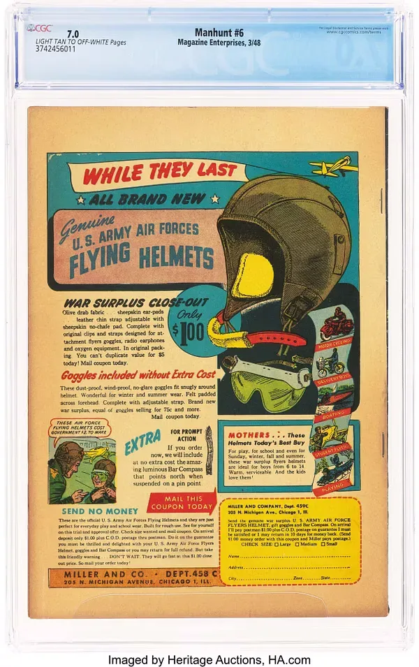 Manhunt #6 (Magazine Enterprises, 1948) back cover. Miller and Company advertisement offers U.S. Army Air Forces surplus flying helmets with goggles for one dollar.