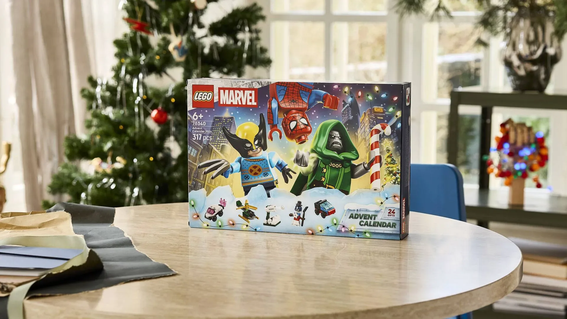 LEGO 2026 Marvel Advent Calendar with festive superhero minifigures