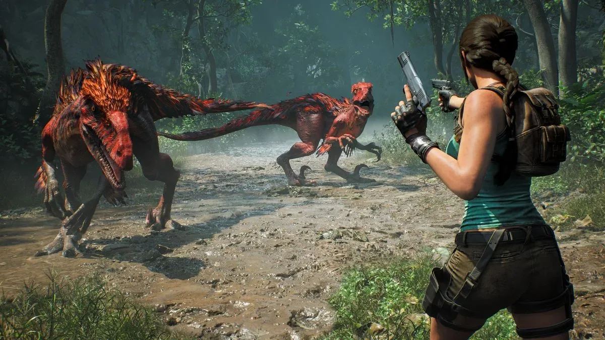 Lara Croft shoots at oncoming raptors in Tomb Raider: Legacy of Atlantis