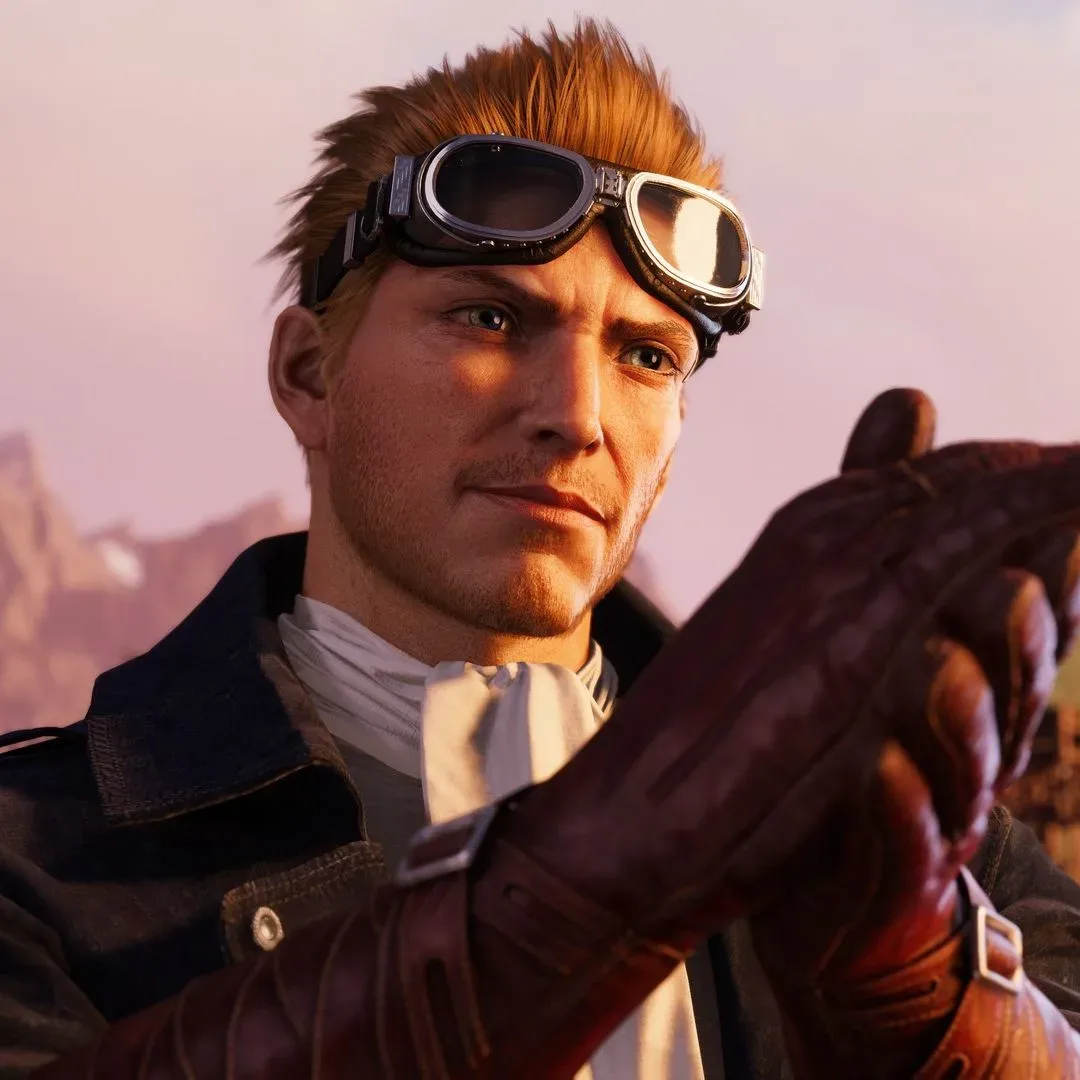 Cid, his pilot goggles lifted beneath his blonde hair, in Final Fantasy 7 Revelation, rubs his gloved hands together