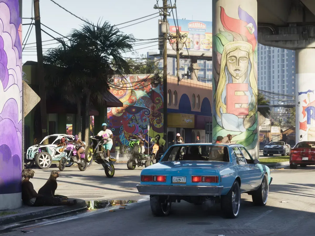 A rain-soaked fictional Florida-inspired street in GTA 6