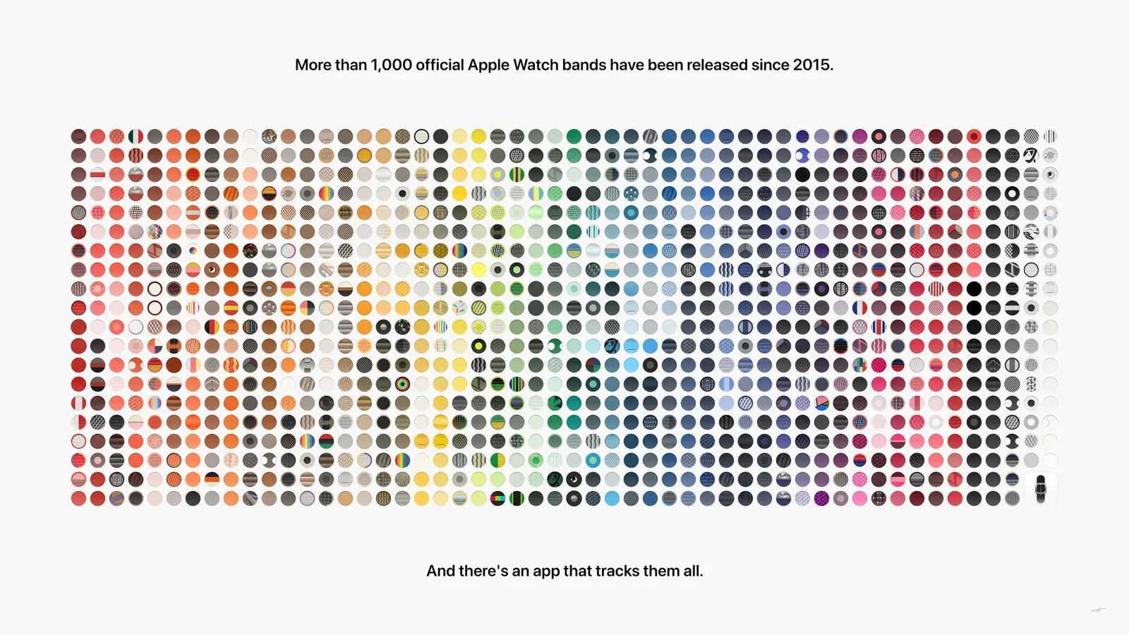 A varied collection of official Apple Watch bands arranged by color and material