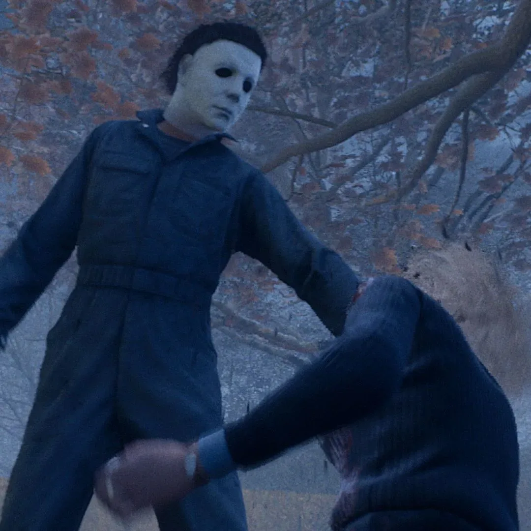 Michael holds a hatchet over Laurie as she kneels on the ground in front of him in Halloween the Game.
