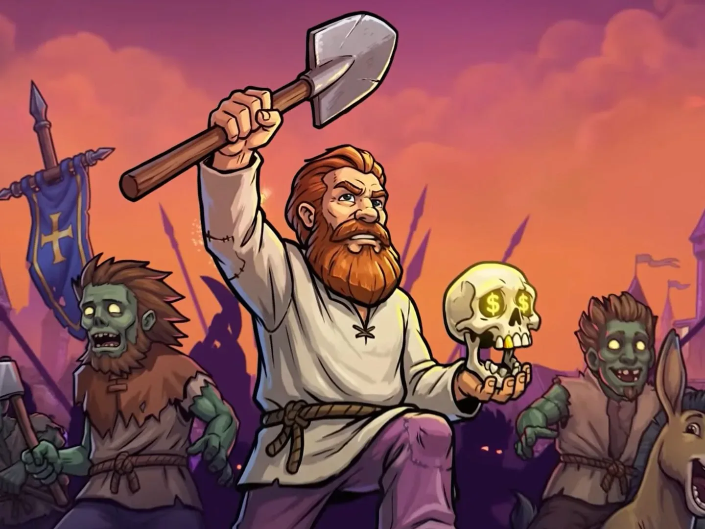 Bearded man raises shovel in one hand and holds skull in the other as zombie army backs him