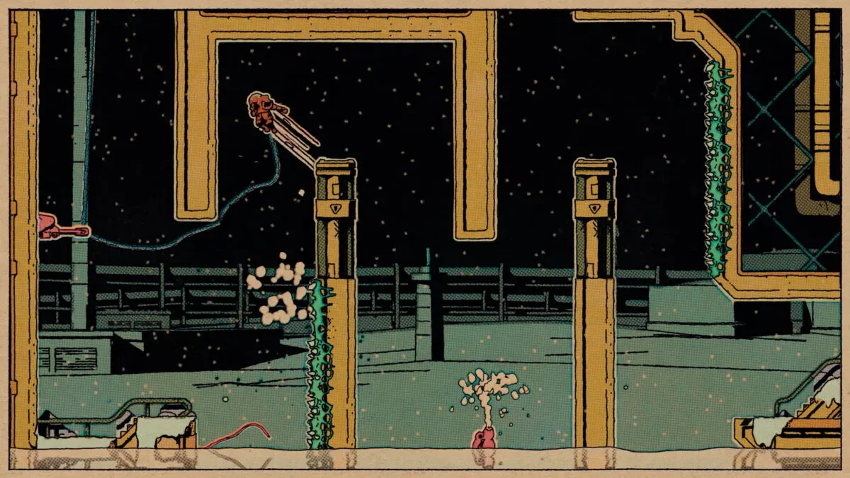 Rebounder’s spacefaring worker uses an exploding thrown ball to reach a higher platform