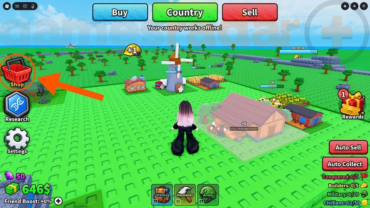 An orange arrow points to the Shop button where you can redeem Mini War codes.