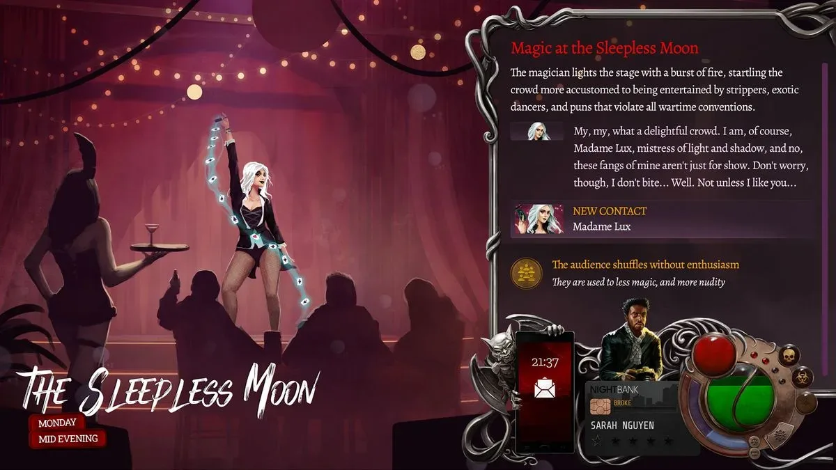 Madame Lux performs card tricks on stage at The Sleepless Moon in Nighthawks