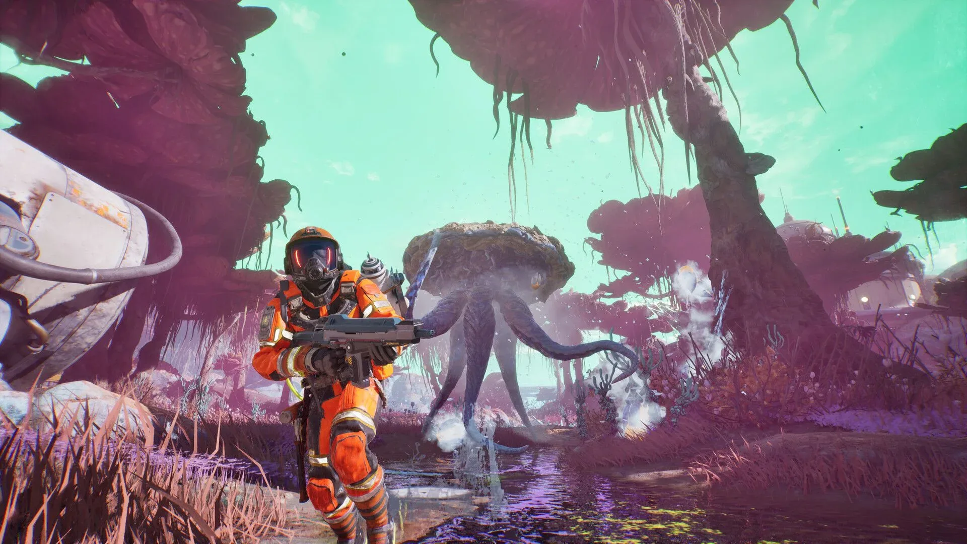 Exterminauts squad confronting alien creatures on a red-dirt planet