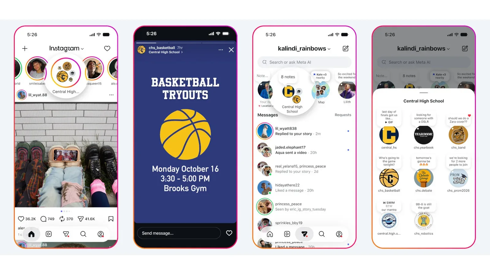 Illustration of an Instagram school community with verified student-only Stories and Notes