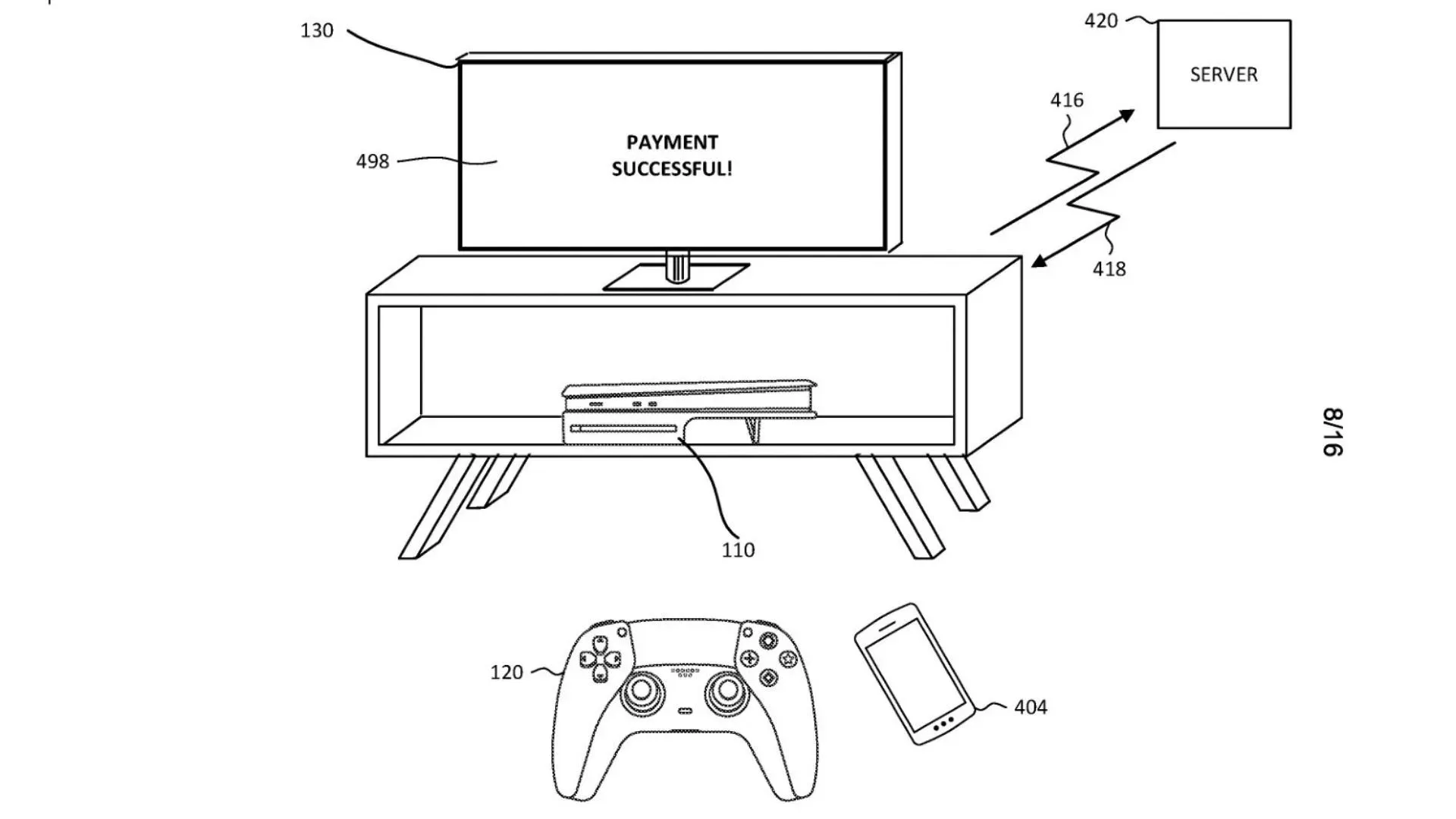 Illustration from the controller-driven information transfer patent showing a PlayStation-style controller and nearby device
