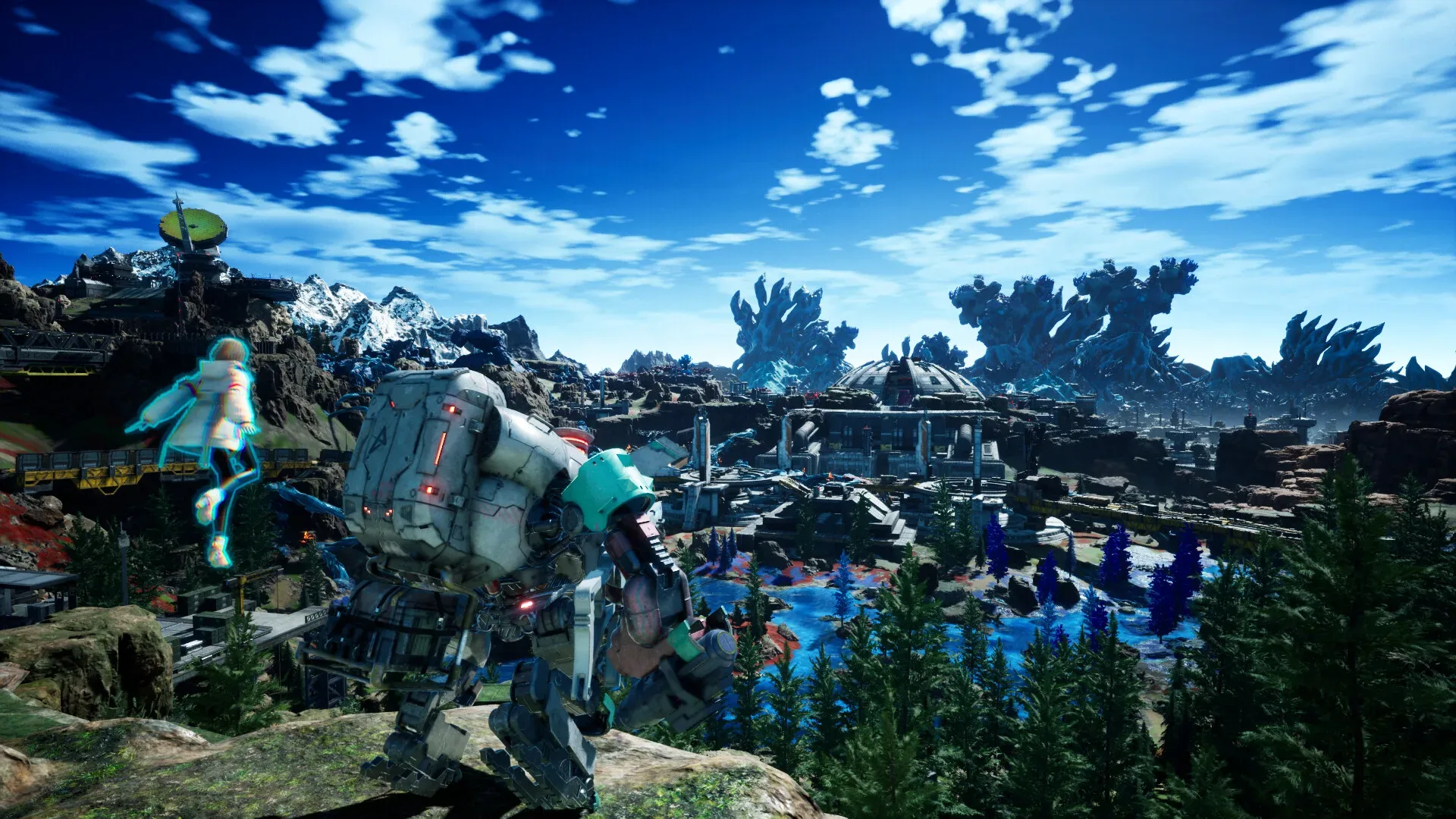 A Synduality: Echo of Ada mecha exploring a hostile sci-fi landscape