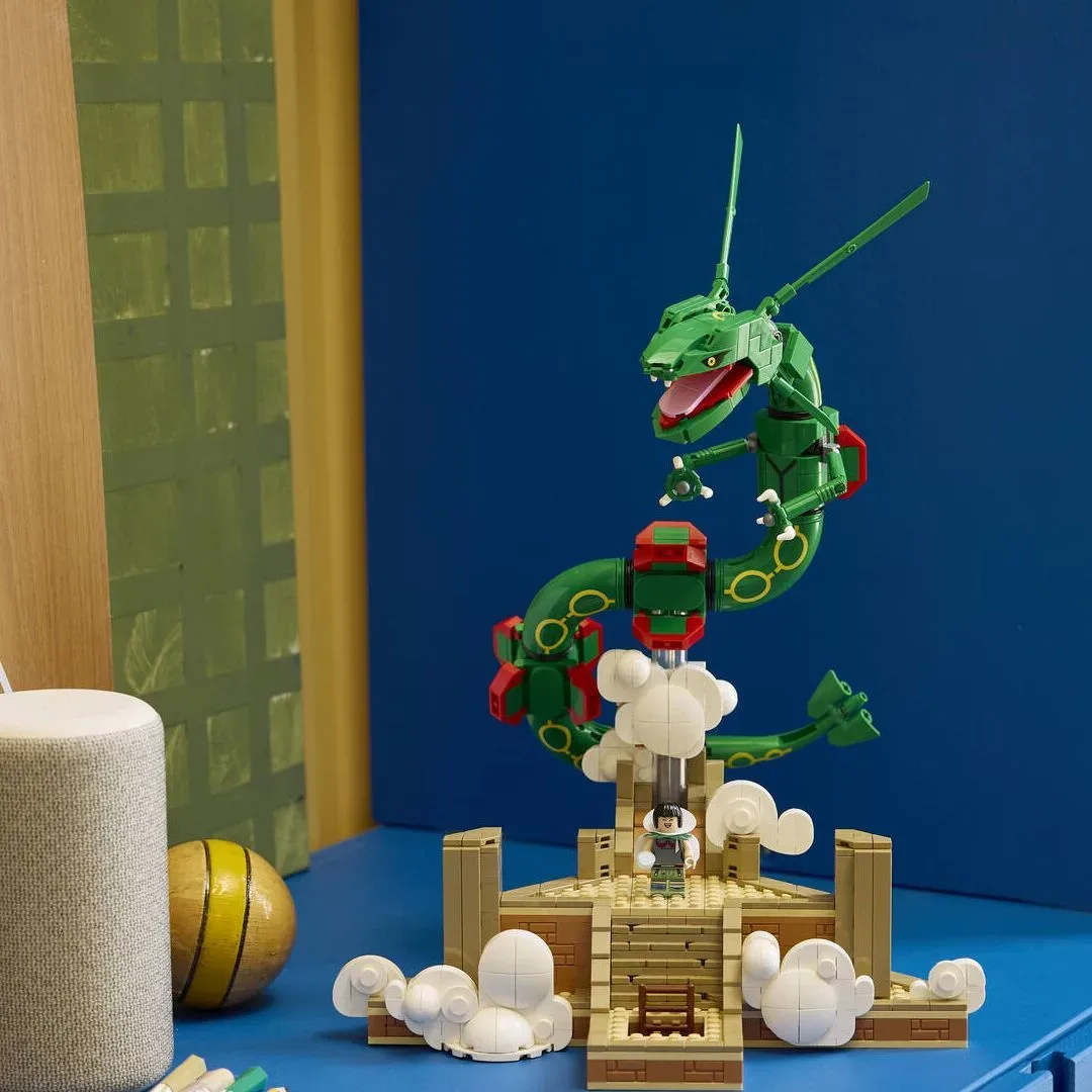 LEGO-style display model comparison context for Shenron and Pokémon Rayquaza