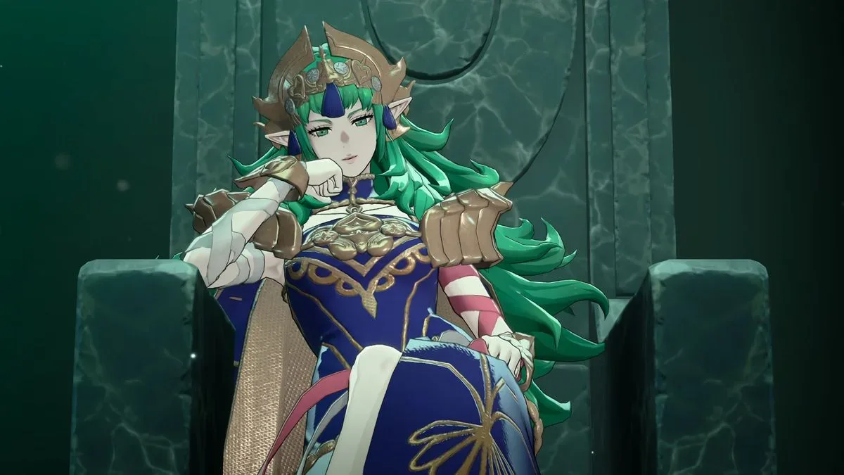 Sothis, a goddess, lounges in her chair in Fire Emblem: Fortune's Weave