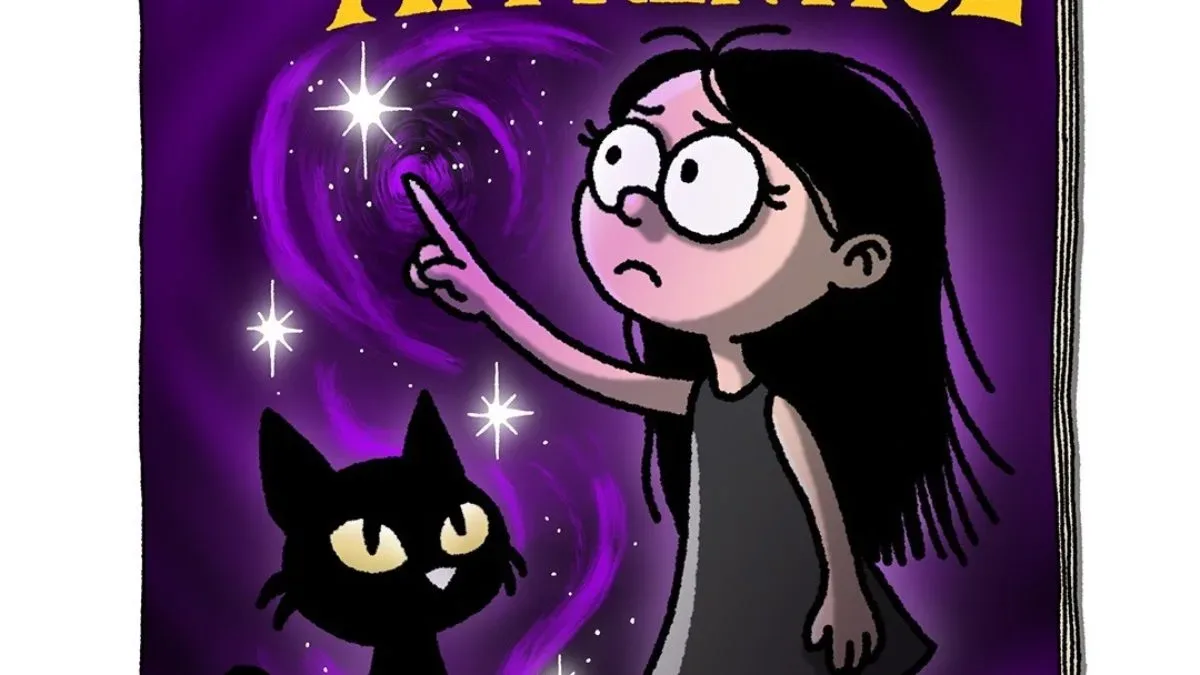 Illustrated young witch Bella Crumb holding a plastic battery-powered wand