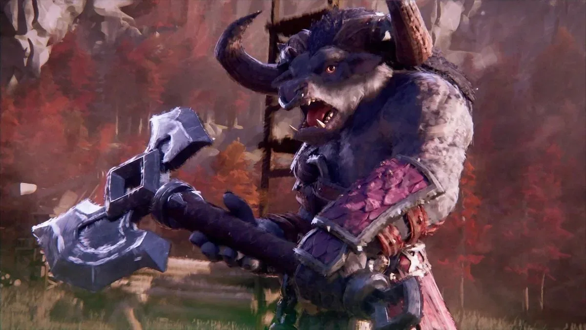 A minotaur readies their weapon, from the Heroes of Might and Magic: Olden Era opening cinematic movie