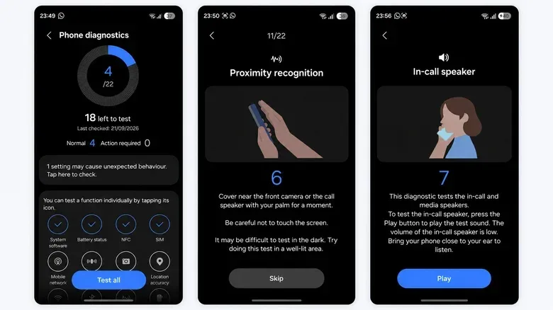 Galaxy Phone diagnostics screen beside the proximity recognition and in-call speaker tests.