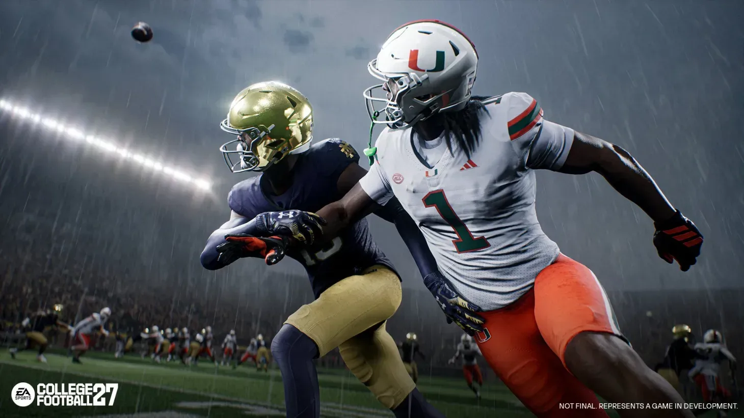 EA Sports College Football 27 players competing in rainy stadium conditions