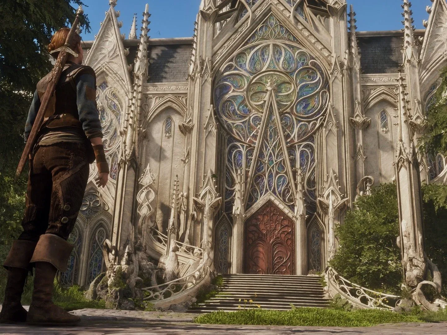 The Hero looks up at an ornate temple in Fable (2027) for Xbox Series X in the middle of a lush, green forest