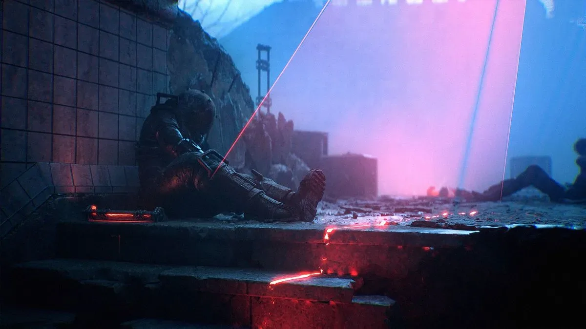 The Traveler is hunched over against a wall in Cronos: Lazarus as a drone scans