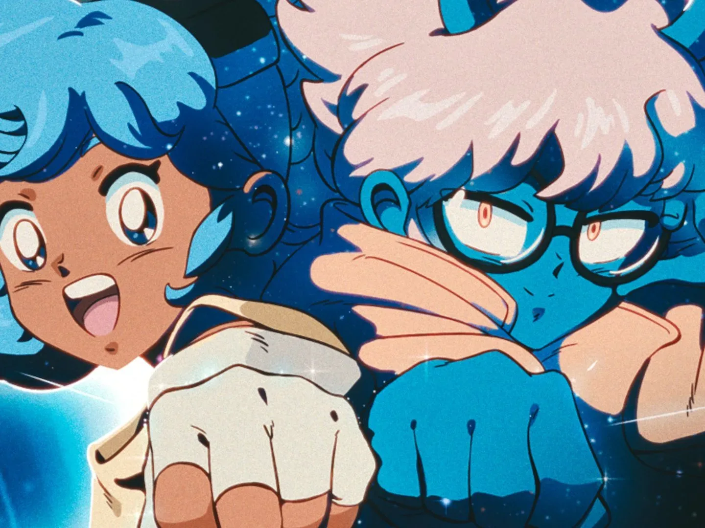 A crop of Orbitals key art showing Maki and Omura standing back to back in a space environment cropped for a header image