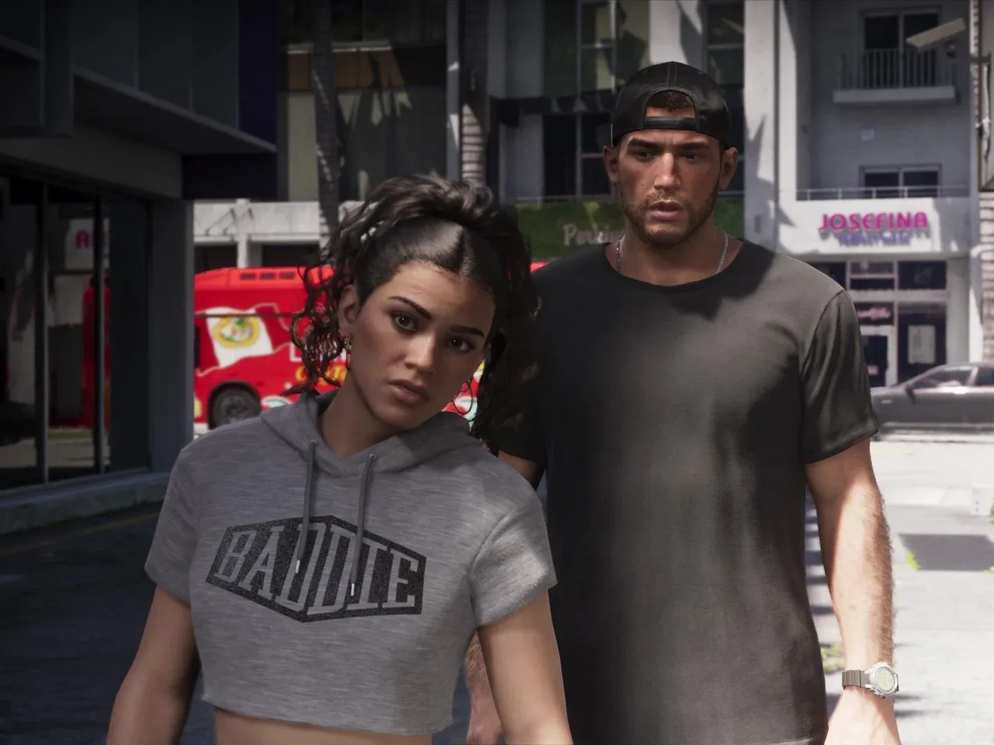 Lucia and Jason stand together in the street, from the GTA 6 extended look