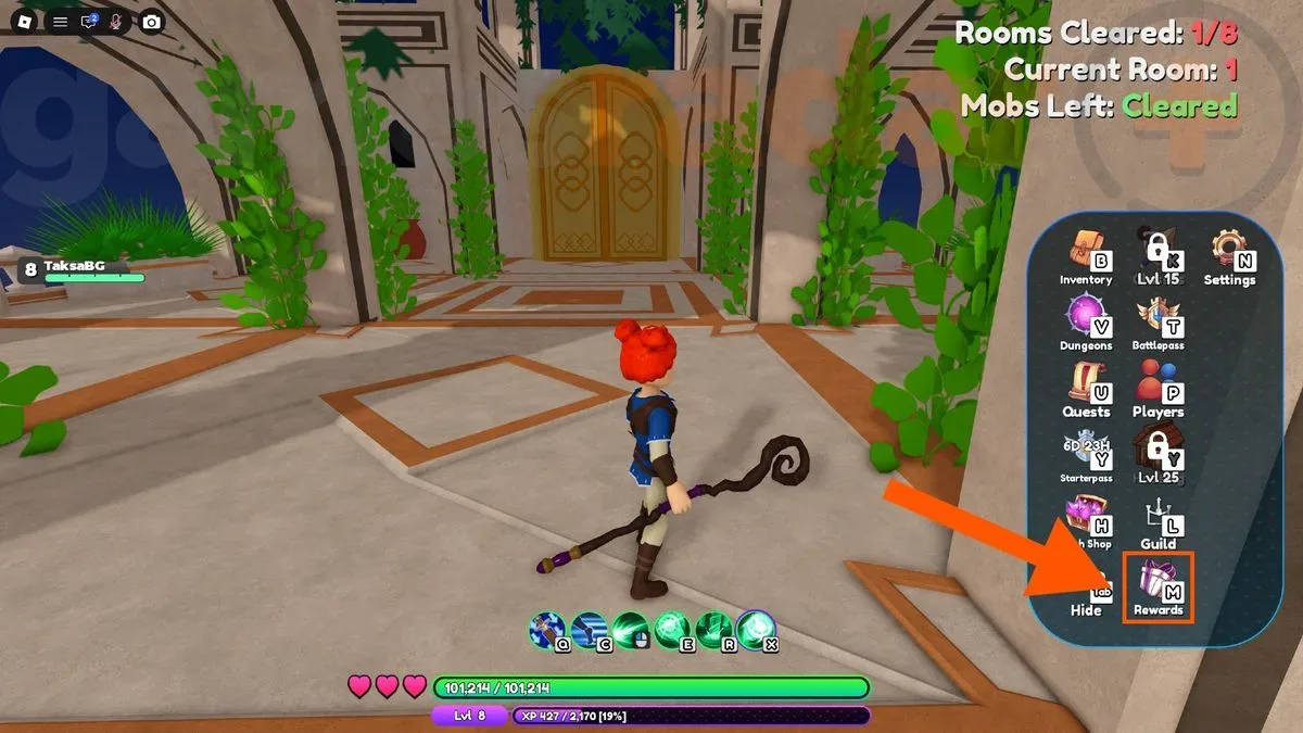 An orange arrow points to the Rewards button in the main menu where you can redeem World Zero codes.